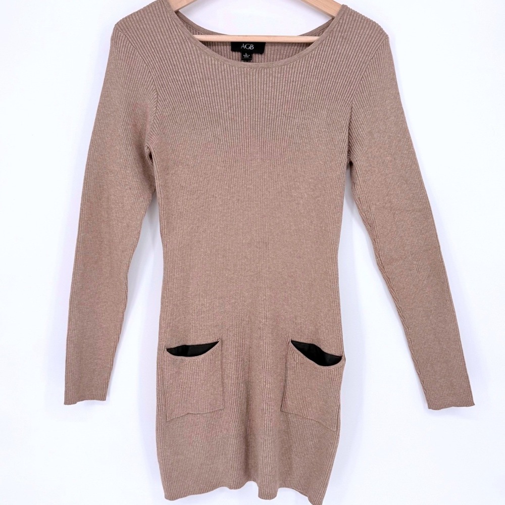 AGB Ribbed Long Sleeve Sweater Dress with Faux Leather Pockets Tan Size L - Picture 2 of 10
